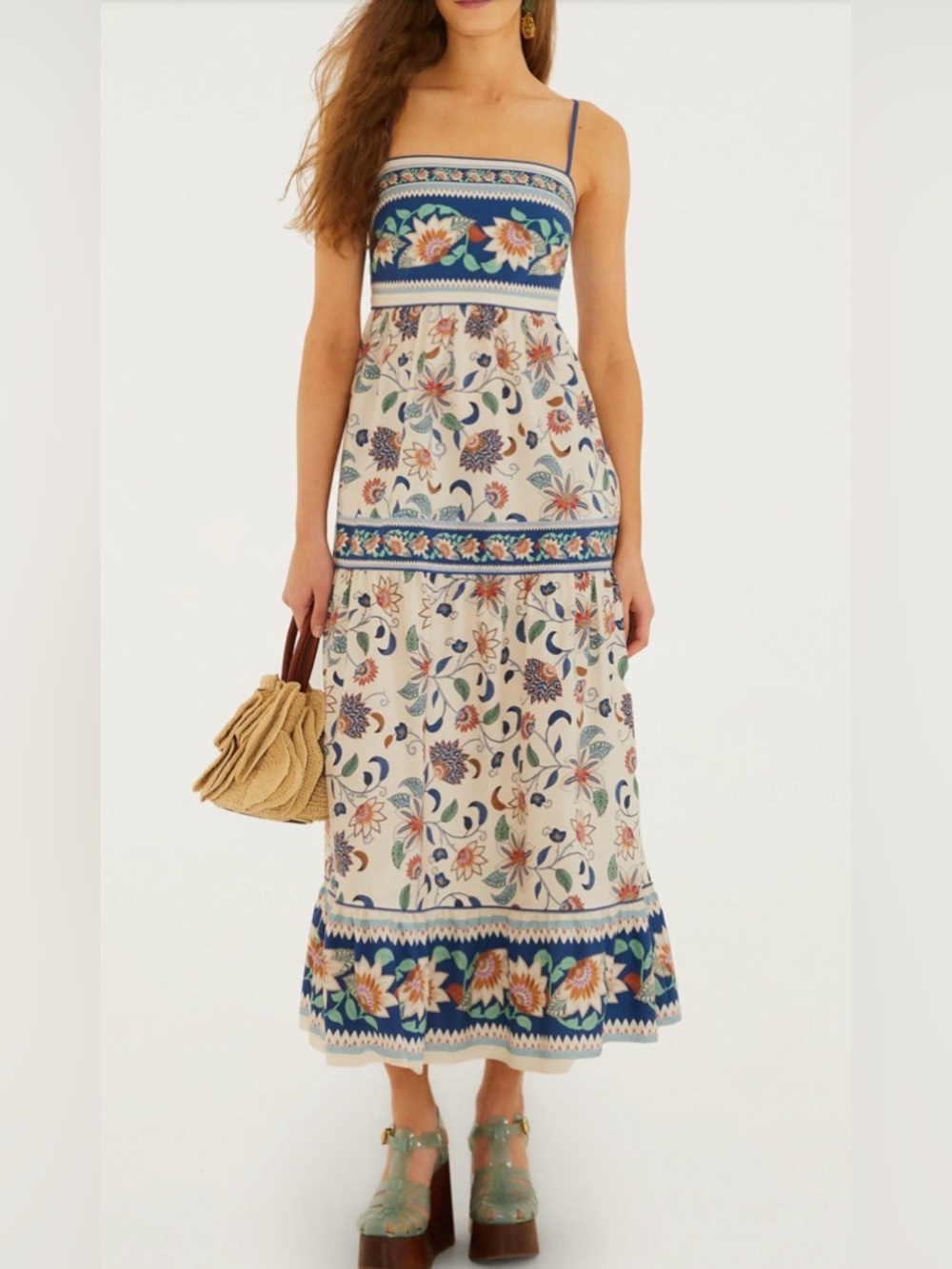 Farm Rio 100% Cotton Floral Delhi Tapestry Light Pink Midi Sun Dress M Ruffle - Picture 2 of 14